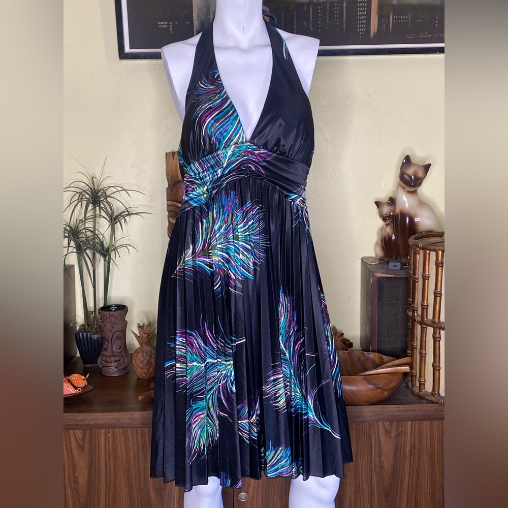 Ladies black and colorful feather pleated halter mini dress boho disco